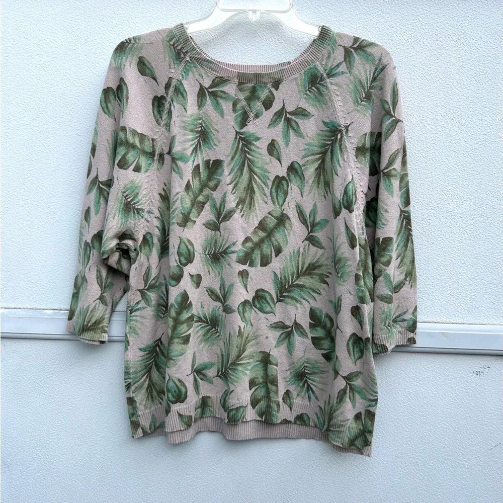 J. Jill Cream and Green Leaf Print Sweater - Picture 2 of 12